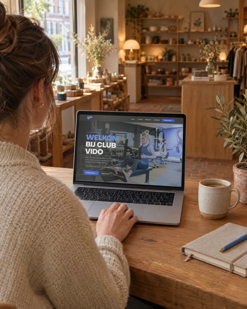 Ondernemer werkt achter de toonbank op een laptop met de website van Club Vido